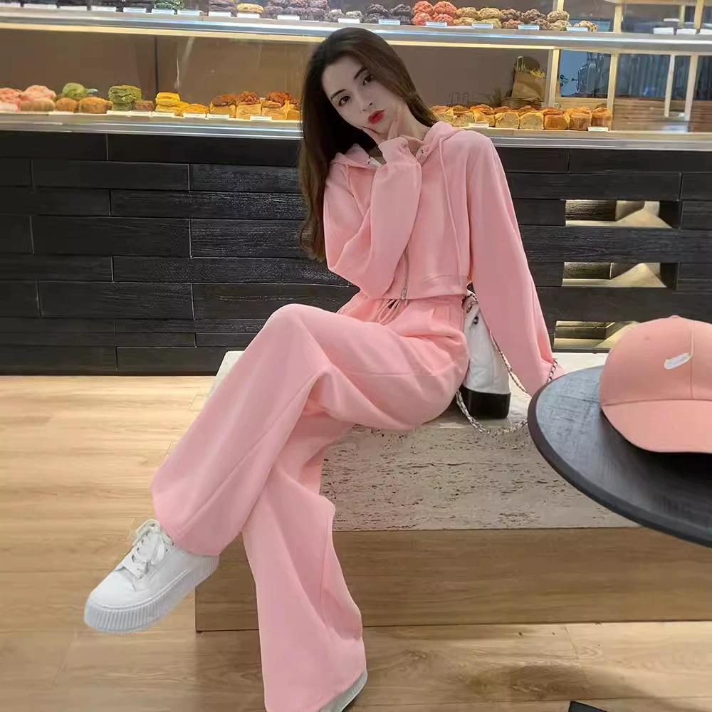 Толстый розовый повседневный спортивный костюм женский осенний и зимний модный уличный минус возраст