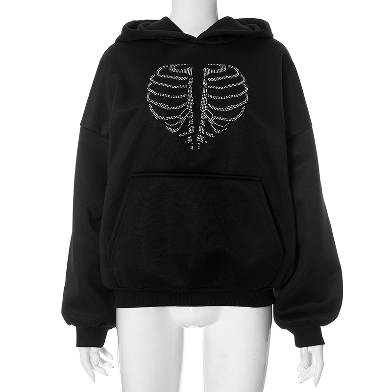 Trendy Skeleton Rhinestone Loose Hooded Sweatshirt Top Women Autumn Winter