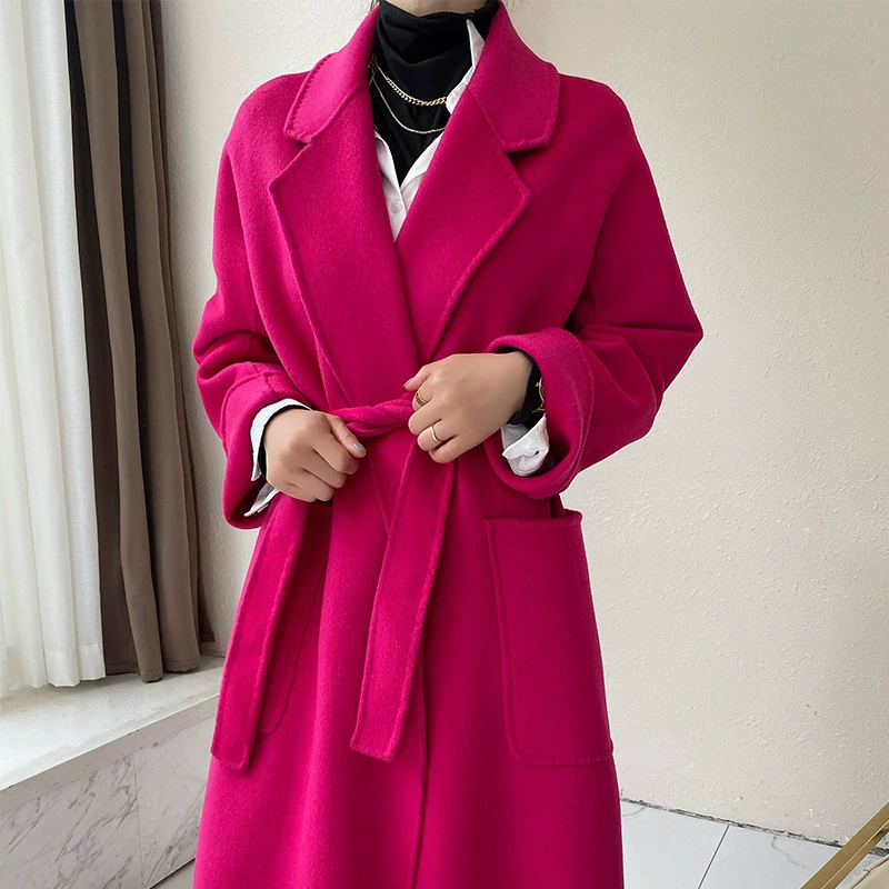Двустороннее шерстяное пальто для женщин 2023 осенне-зимнее классическое элегантное Утягивающее шерстяное пальто средней длины на шнуровке