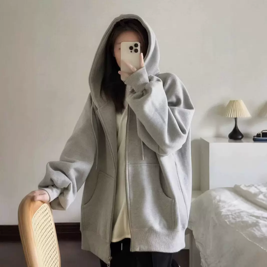 外套女男秋冬款拉链卫衣2024年潮连帽纯色抽绳百搭加绒开衫上衣