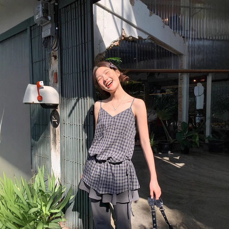 Elegant Strap Waist Plaid Long Camisole Women's 2025 Summer New French Casual Belly Covering Top
