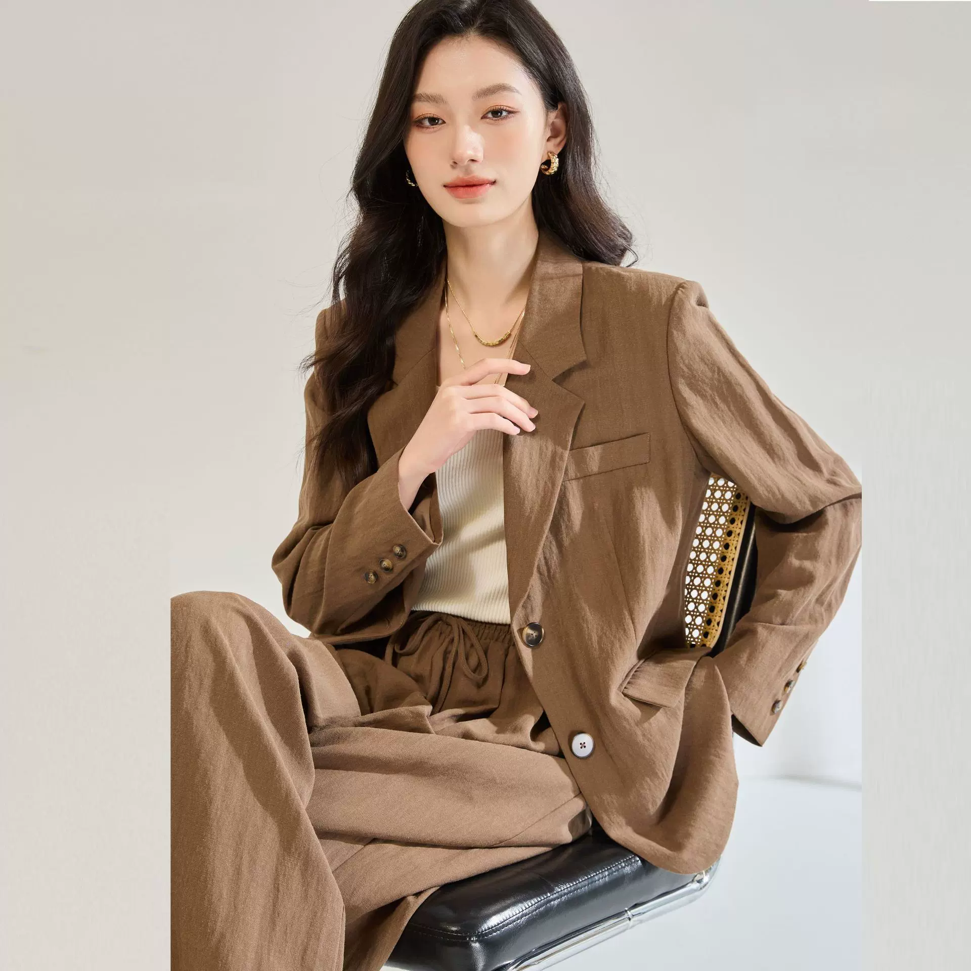 26春季新天丝+亚麻+人棉混纺材质气质西服套装西服22641裤子22642