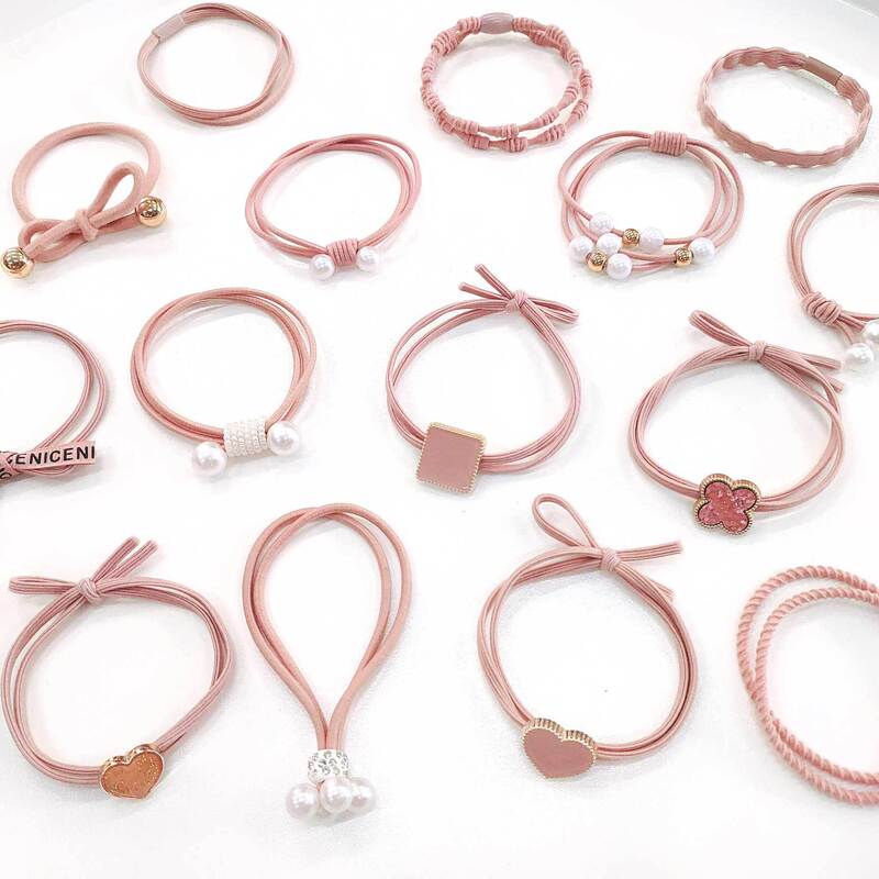 Pink rubber band hair band Korean style girls' hair tie rope 2 yuan shop simple pearl bow hair rope hair accessories