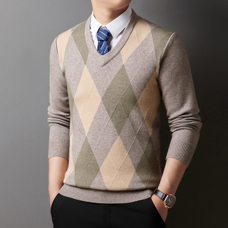 Men's Thickened Sweater Winter V-Neck Middle-Aged Solid Color Knit Base Shirt Comfortable Close-Fitting Versatile Top