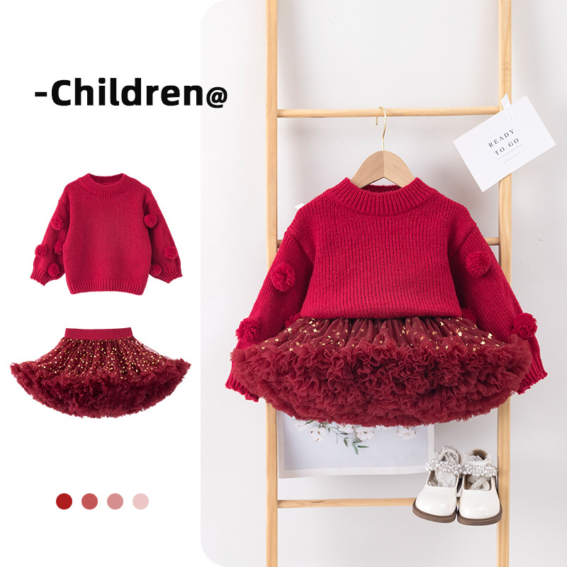 秋冬圣诞节搭配女童韩系手工球球套头毛衣可爱小女孩tutu裙套装