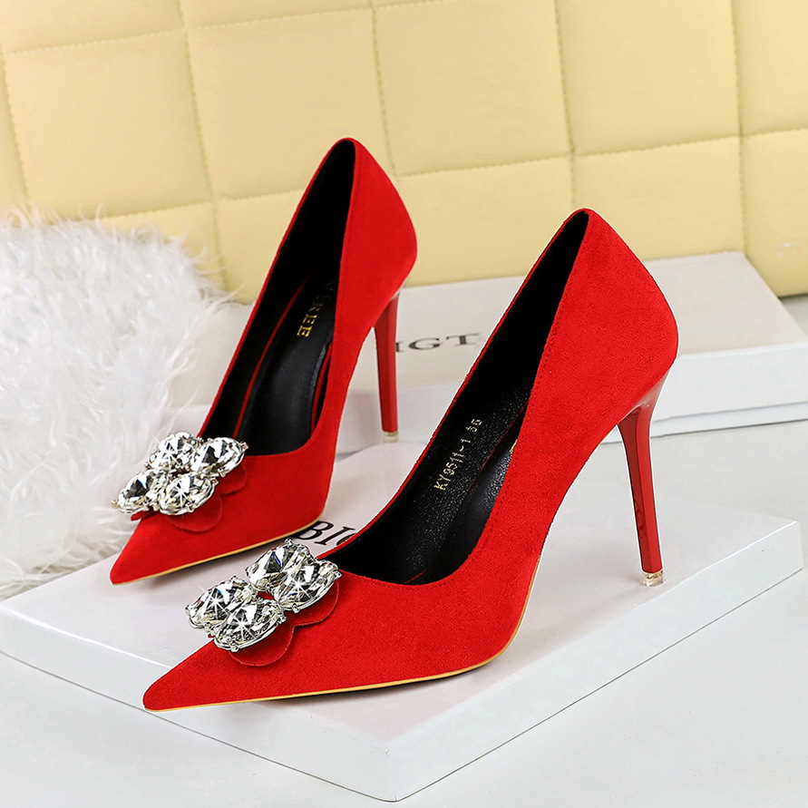 Stiletto Pumps Suede Rhinestone Pointed Toe Party High Heels_voghion.com
