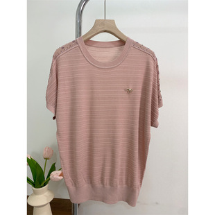 Mom's Summer Short-Sleeved T-Shirt, Fashionable Mother's Day Top, Middle-Aged and Elderly Women's Summer Ice Silk Knitted Shirt, Thin Style