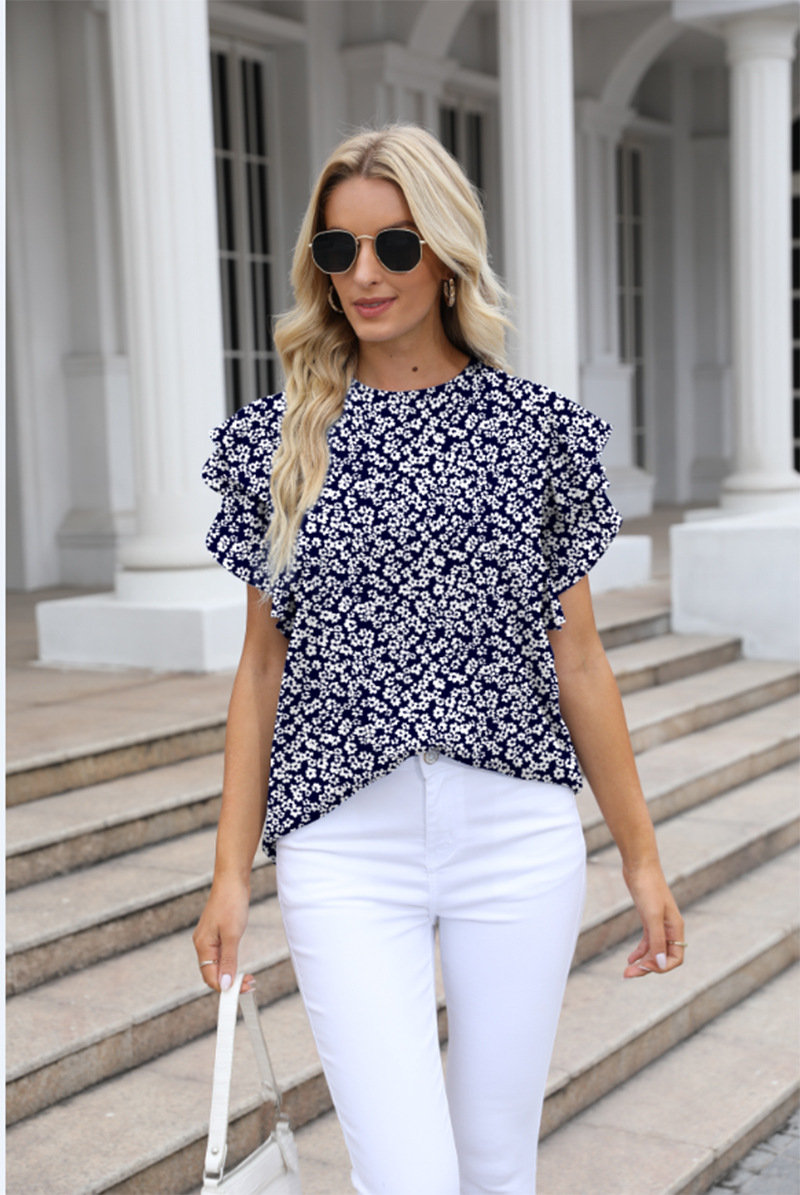 Women's Clothing Round Neck Printed Ruffled Short Sleeve Chiffon Shirt Fragmented Pullover T-shirt_voghion.com