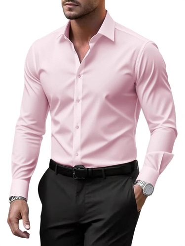 Long-sleeved pure color button-down business shirt for men, large size, wrinkle-resistant, casual wear, elastic