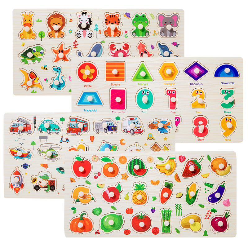 Grandes incrustados de madera de los niños tablero de la mano del rompecabezas bloques de construcción rompecabezas de desarrollo de inteligencia bebé juguetes de educación temprana cognitiva
