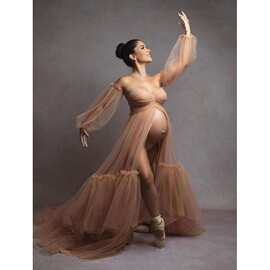 跨境外贸长款网纱孕妇裙灯笼袖荷叶边小拖尾字裙薄纱长袍