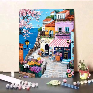 New European Town Digital Oil Painting DIY Hand-Painted Self-Healing Decompression Coloring High-Value Decorative Painting