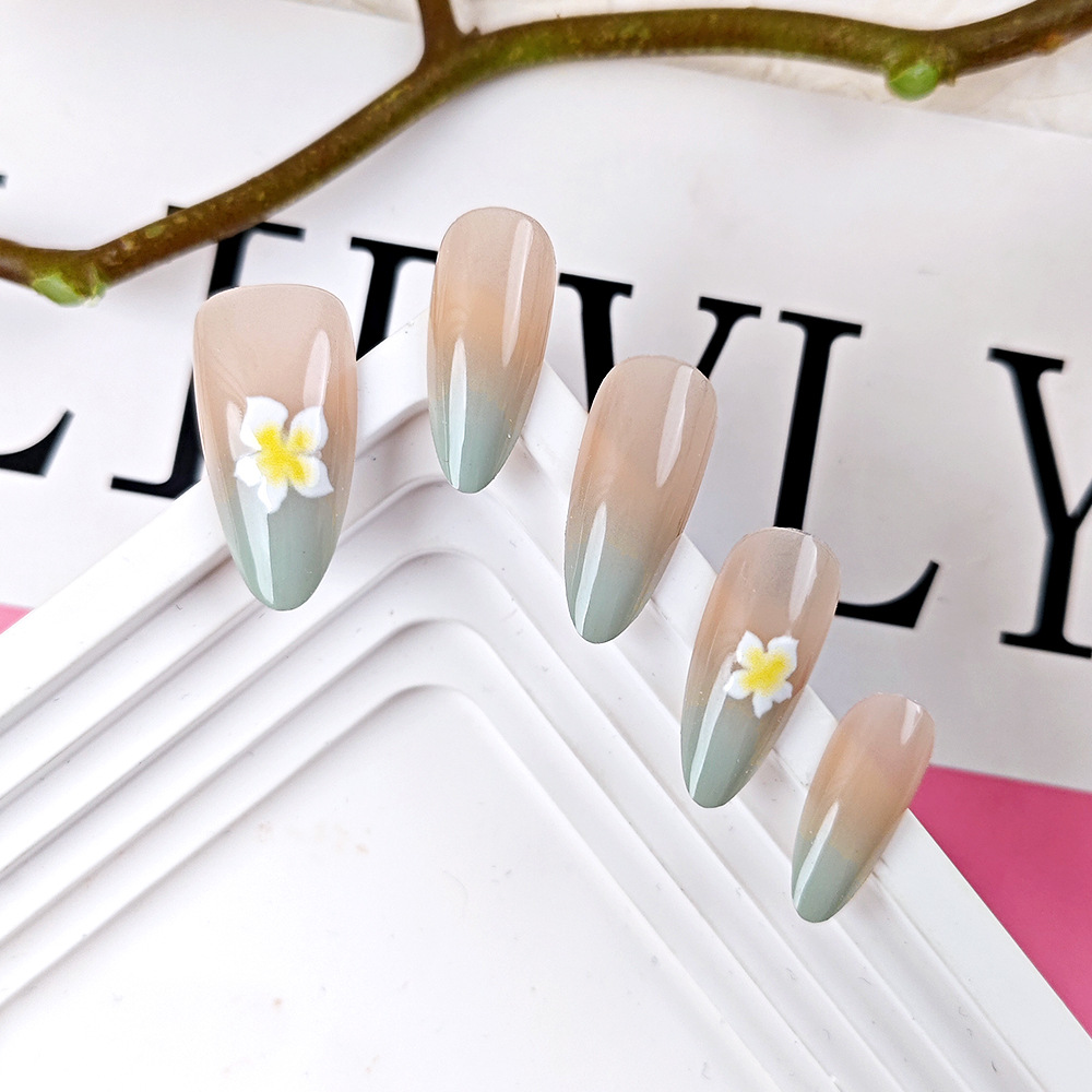 3D relieve color nude gradiente manicura verde 10 piezas parche de uñas de código dividido flores frescas lindas uñas portátiles hechas a mano