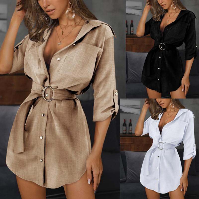 Cross-border Amazon wish explosions Europe and the United States summer shirt solid color wan sleeve v-neck ladies dress shirt women