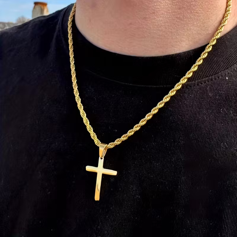 Titanium Steel Necklace Men's High-End Twist Chain Stainless Steel Cross Necklace Light Luxury Niche Non-Fading Pendant Jewelry