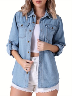 2025 Cross-Border New European and American Style Denim Denim Shirt Casual Women's Long-Sleeved Denim