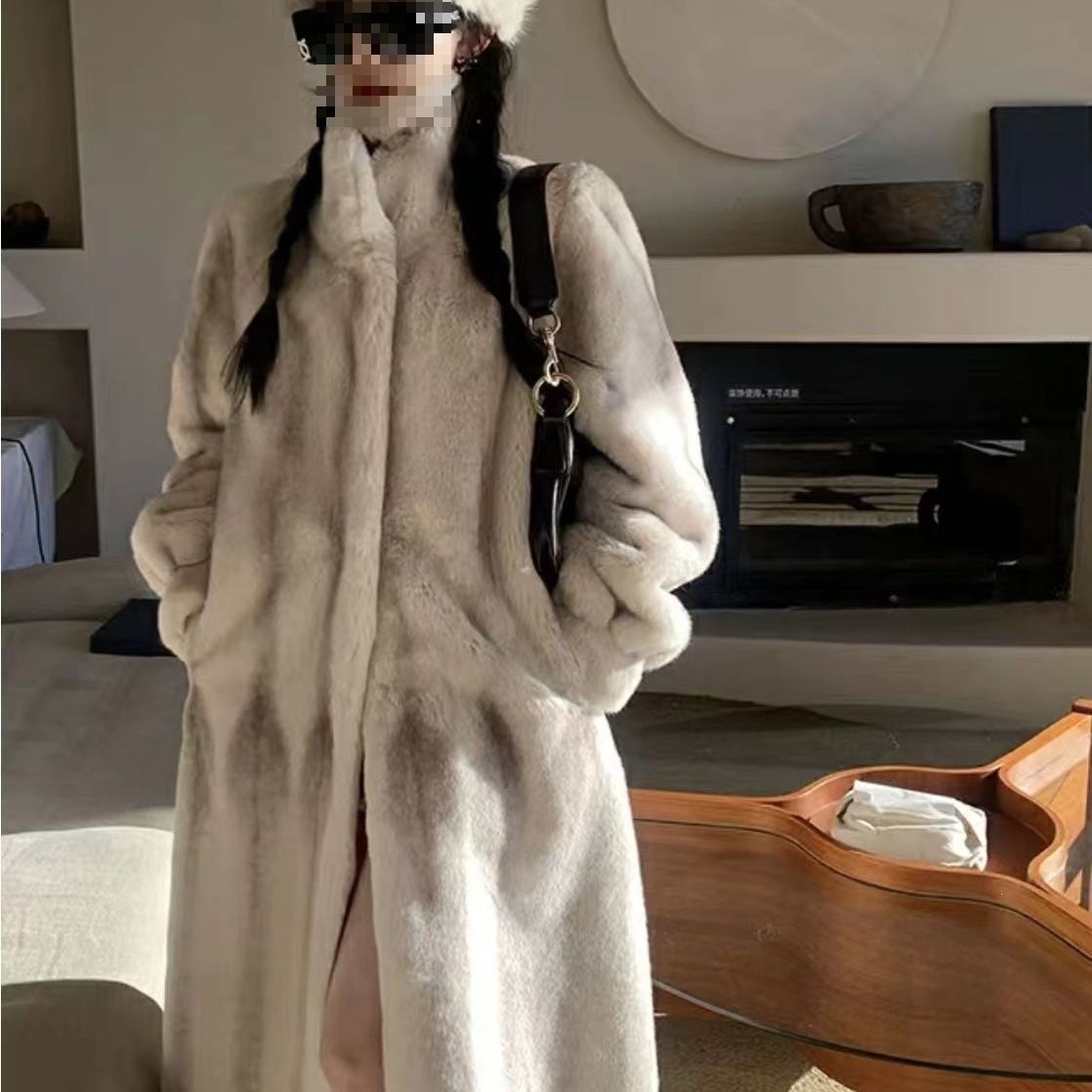 Vintage gradient cross-patterned mink faux fur coat, new long stand-up collar fur coat.