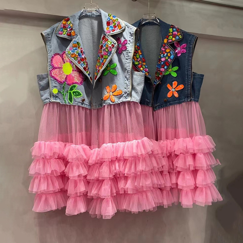 Marca de moda tailandesa 2024 primavera y verano nuevo hilo de malla de flores empalmado chaleco de vaquín de mujer chaqueta de cuentas personales image 1