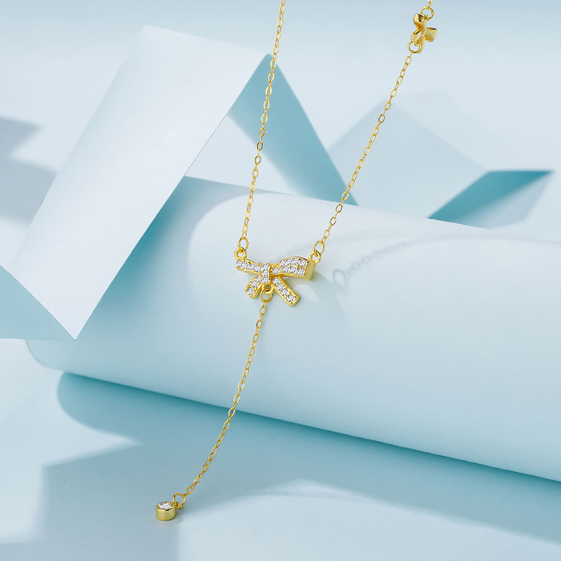 Bow Knot Pattern Women's Gender 925 Sterling Silver Zircon Plating Bow Knot Pendant Necklace