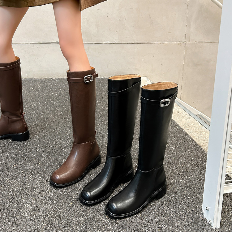New Stylish Leather Buckle Knee-High Boots for Women, Winter Slimming Versatile Chunky Heel High Boots