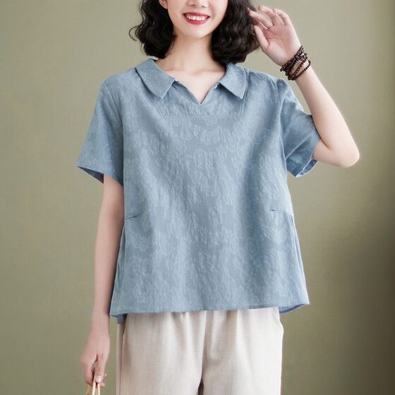 Middle-aged and elderly women's clothing mother summer cotton and linen suit women's summer plus size middle-aged fat lady short sleeve western style two-piece suit
