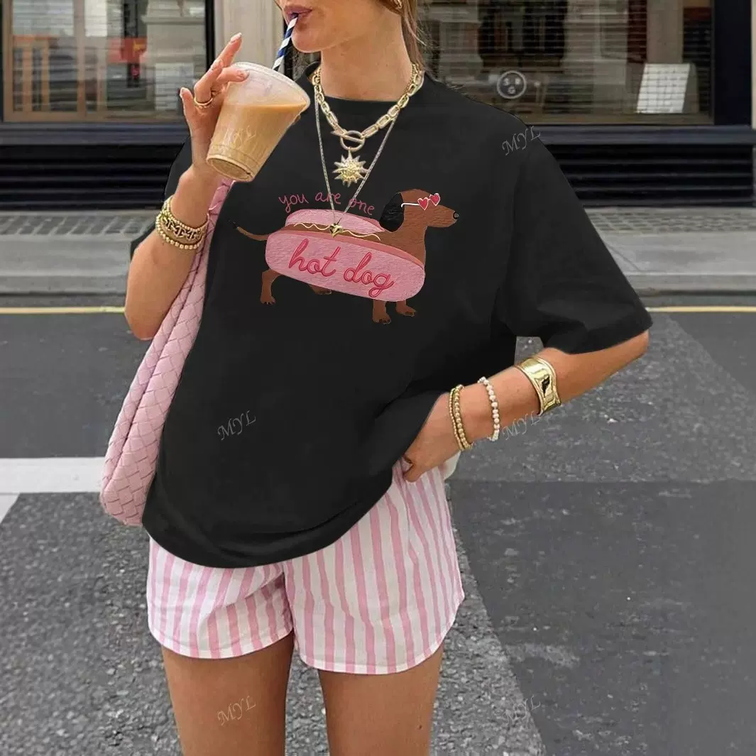 跨境速卖通女式夏季卡通狗印花短袖 Y2K baby Tee短款休闲 T 恤