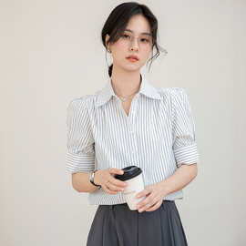 韩系氛围感宽松Polo领条纹衬衫女夏季新款高级感通勒薄款短袖上衣