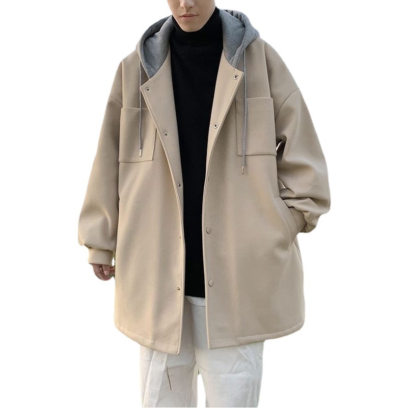 Abrigo de lana de los hombres Otoño e Invierno estilo coreano de moda gabardina de media longitud marca de moda ins chaqueta de lana con capucha suelta