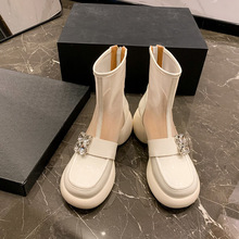 高跟松糕厚底夏季薄款马丁靴女软皮圆头水钻粗跟网纱镂空透气短靴