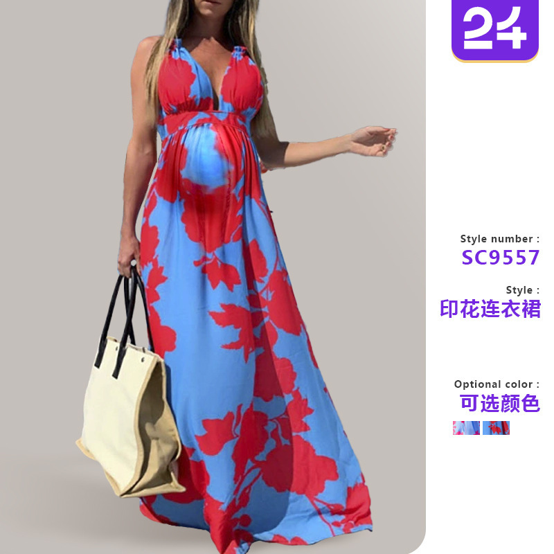 2026 Cross-Border Summer New European and American Women's Clothing Bohemian Dress Printed V-Neck Suspender Sleeveless Maternity Long Dress