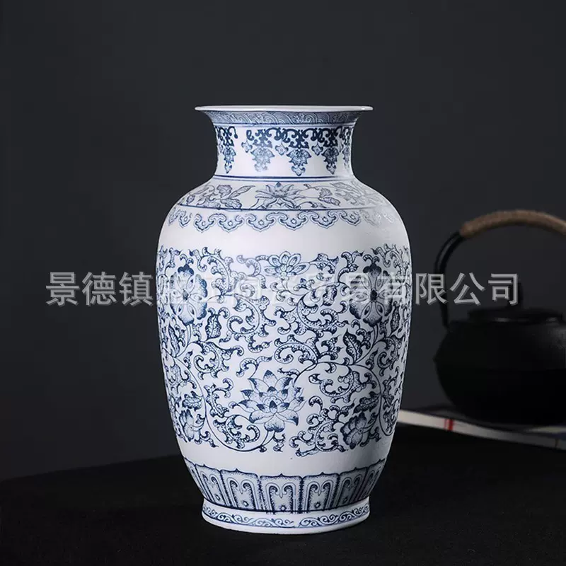 景德镇青花瓷缠枝莲花瓶陶瓷釉里红薄胎瓶家居书房办公室装饰摆件