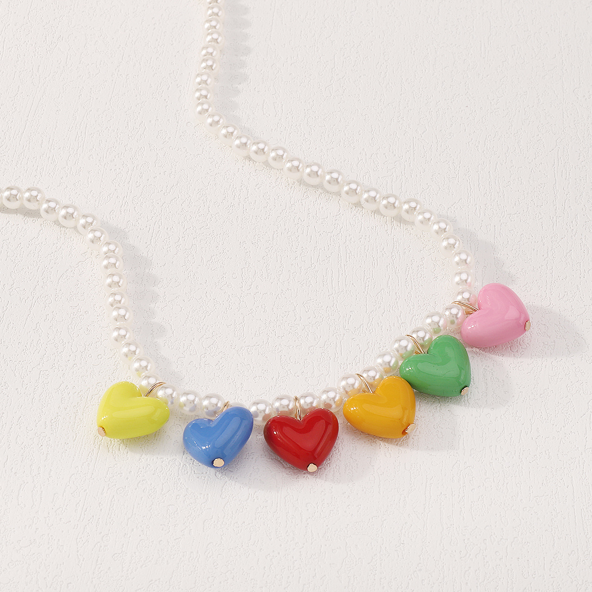 simple Rainbow Heart Pendant Pearl Necklace