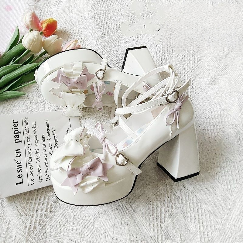 Absolutely Stunning! Lolita High-Heeled Shoes with Chunky Heels and Thick Soles, Blue Japanese-Style Soft Girl Sweet and Cute Bow-Knot Shoes for Women