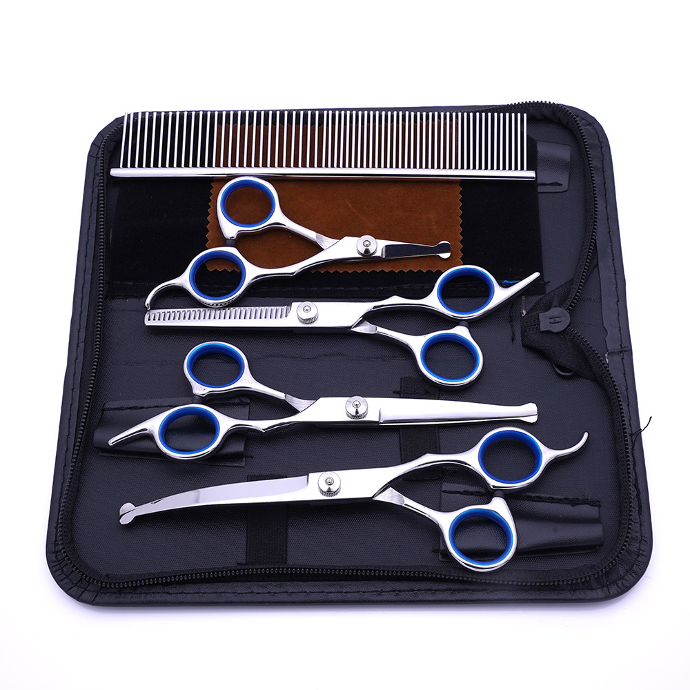 Ventas directas de fábrica de tijeras de aseo para mascotas, tijeras planas profesionales de acero inoxidable, tijeras curvas de corte de pelo, tijeras de dientes delgadas para gatos, tijeras para mascotas