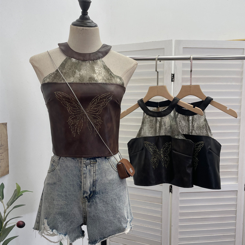 Real Shot of Retro Hippie Distressed Butterfly Hot Diamond Lace Splicing Pu Leather Halter Vest Short Top 8131 Real Shot of Retro Hippie Distressed Butterfly Hot Diamond Lace Splicing Pu Leather Halter Vest Short Top 8131