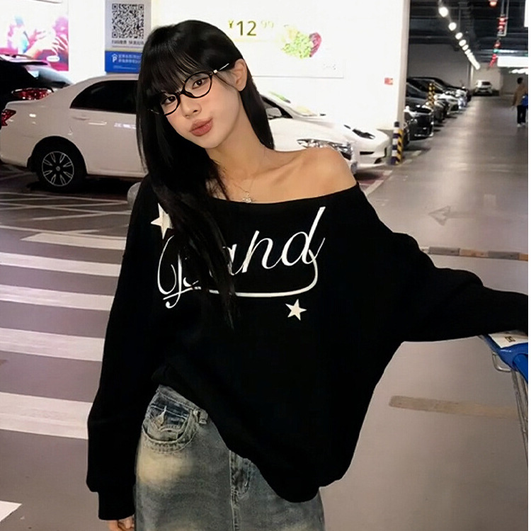 Foreign Trade American Retro Sexy Slanted Shoulder Long-Sleeved Printed Sweatshirt for Women in Autum Loose Slimming Look Lazy Style Casual Top