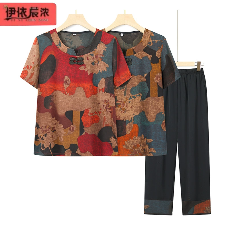 Большой размер бабушка с короткими рукавами маленькая рубашка 60-летняя женская одежда новый прохладный и дышащий короткий рукав женский набор из двух частей