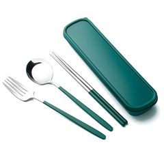 410不鏽鋼筷子勺子簡約便攜餐具三件套裝單人學生外帶收納餐具盒