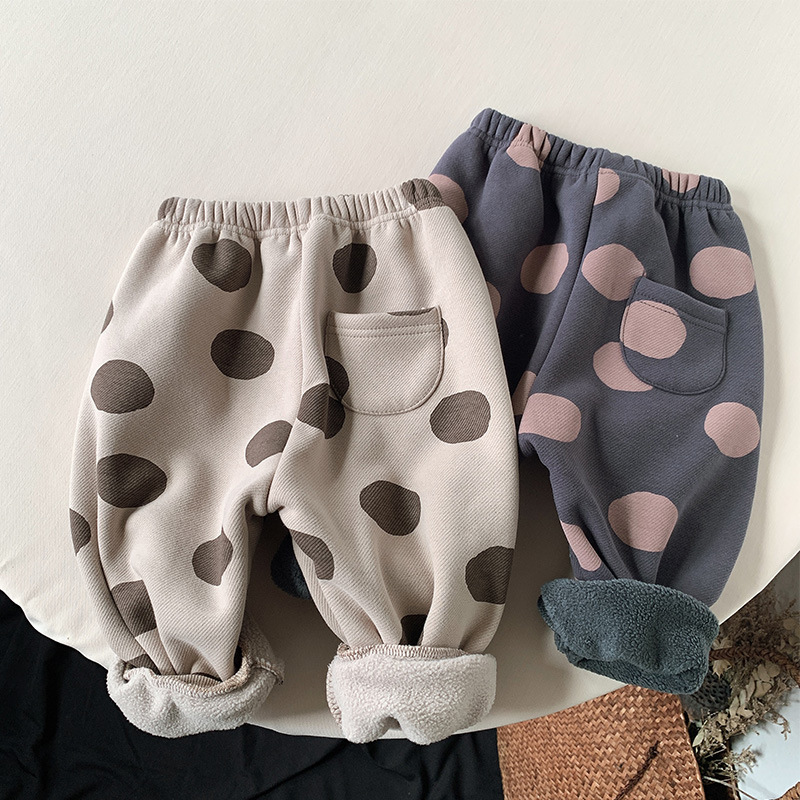 Girls' Polka Dot Fleece-Lined Pants, Autumn/Winter New Style, 2-3 Year Olds, Korean Style, Casual, Thickened, Warm Pants