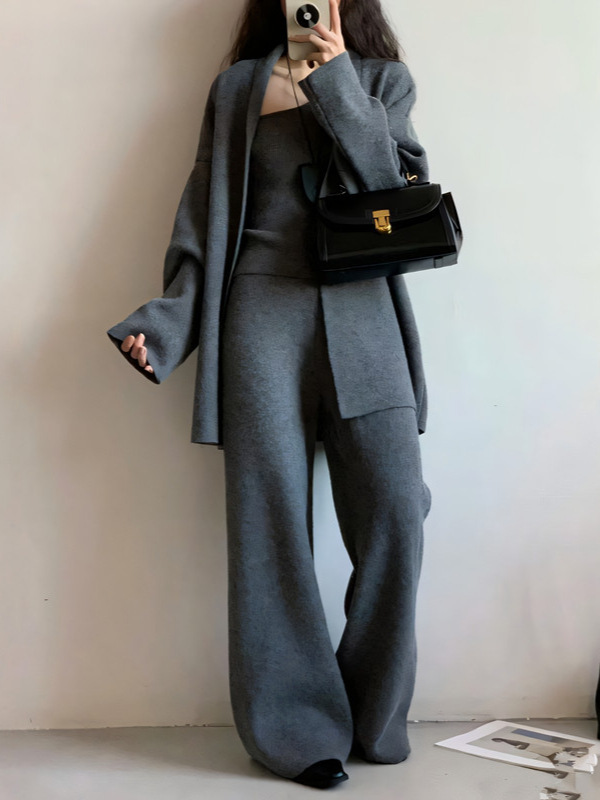 跨境气质通勤针织套装女秋冬加厚开衫外套+单肩背心+阔腿裤三件套|undefined