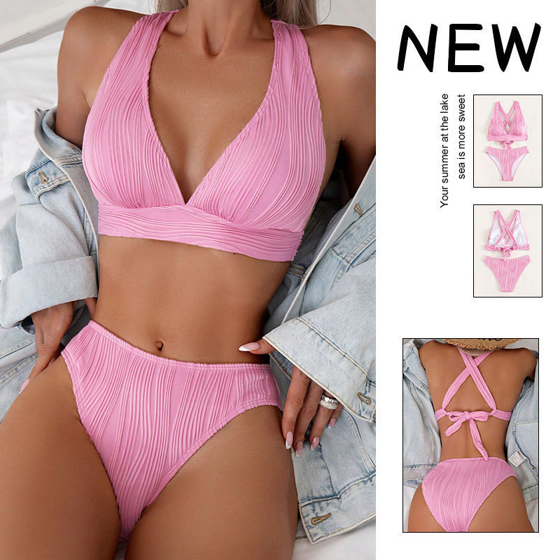 2026 European and American New Style Halter V-Neck Beach Two-Piece Swimsuit for Women, European and American Sexy High-Waisted Triangle Bikini