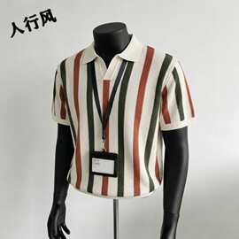 美式复古V领镂空针织polo衫男短袖夏季宽松高级感痞帅条纹半袖T恤
