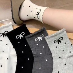 秋季女袜波点花边蝴蝶结袜中筒袜百搭潮袜学院风黑白女袜日系网红