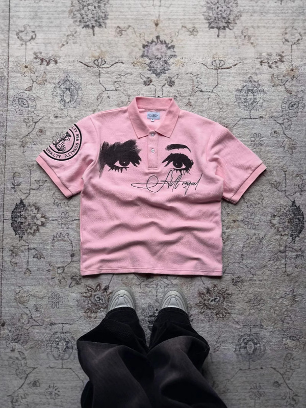 アメリカンストリートピンクレトロメモリーアイプラスシグネチャークリエイティブデザイン立体刺繍サマーポロシャツ|undefined