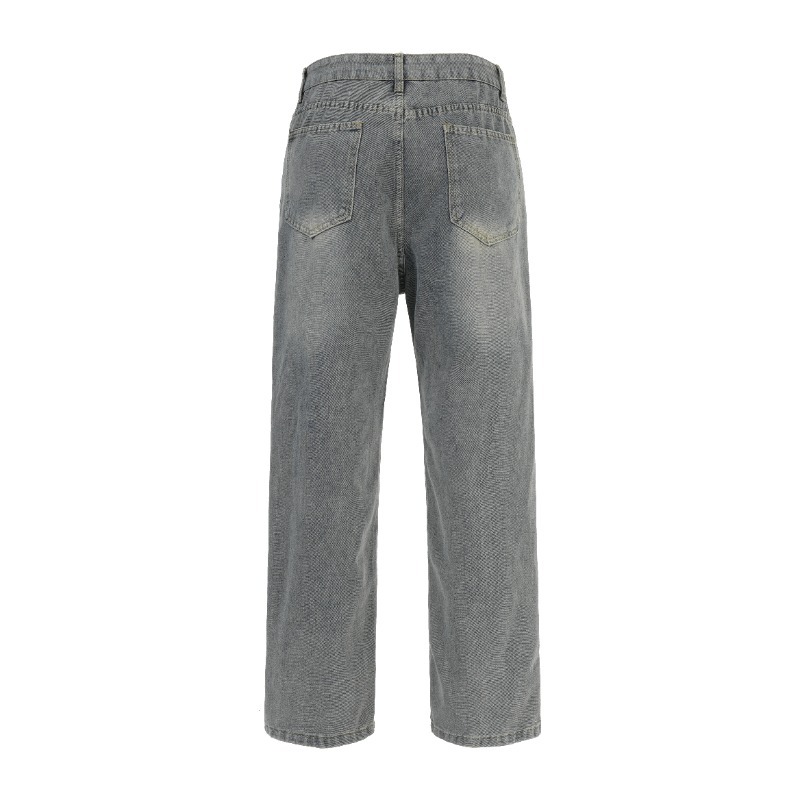 Men's Retro Patchwork Curved Blade Jeans mid Waist Loose Straight Leg Slightly Flared Pants Autumn/Winter American Style Blue_mkmklike.com