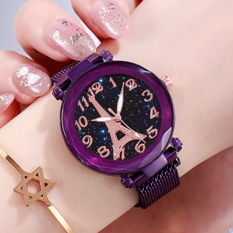 Venta caliente de la moda de la Torre Eiffel Starry Sky Digital reloj de mujer de absorción de hierro magnético perezoso reloj de piedra absorbente de hierro