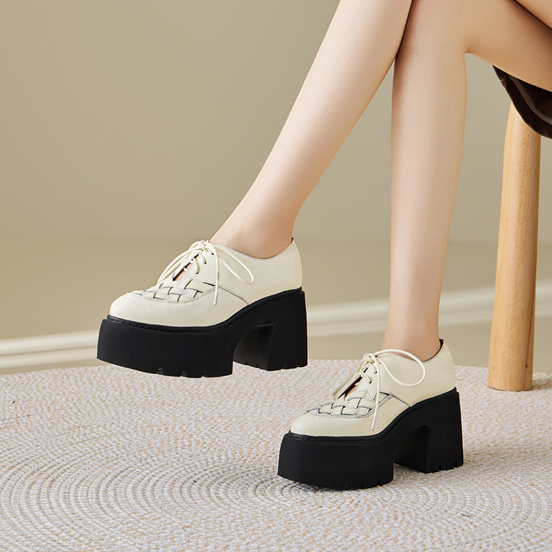 Giày cao gót nữ mũi nhọn gót vuông 10 cm dây buộc phong cách Anh, đế xuồng, da thật — màu đen