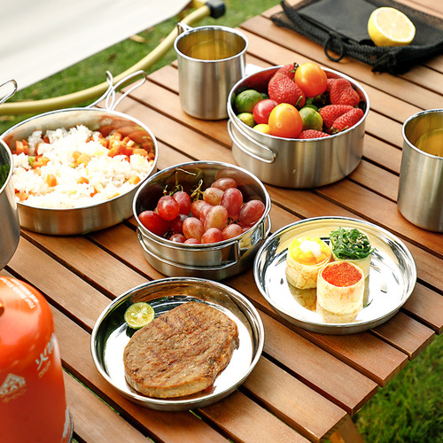 Cross-border 304 stainless steel outdoor pots, camping pots, tableware, picnic camping cookware sets, outdoor portable wholesale