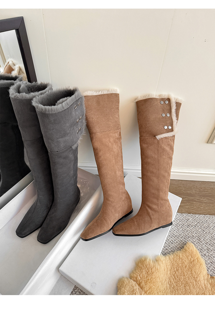 Boot tuyết nữ cổ cao ôm chân, lót lông dày, gót wedge nâng chiều cao, hai kiểu mang — màu xám chi tiết 27