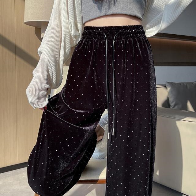 High-Waisted Rhinestone Velvet Wide-Leg Sweatpants for Women, Spring and Autumn, Loose Fit, Drapey, Star-Patterned Straight-Leg Casual Pants High-Waisted Rhinestone Velvet Wide-Leg Sweatpants for Women, Spring and Autumn, Loose Fit, Drapey, Star-Patterned Straight-Leg Casual Pants